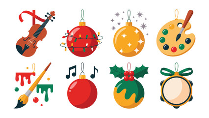 Fototapeta premium Festive Ornament Collection: A collection of festive ornaments, including a violin, Christmas light, gold stars, painter palette, paint brush, musical note, holly, and tambourine.