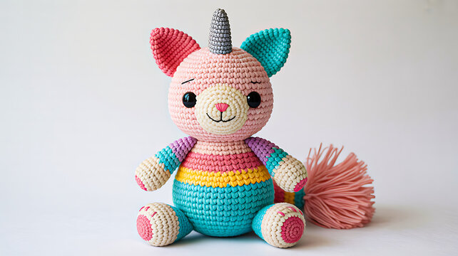 Cute handmade crochet unicat or caticorn plush toy with colorful stripes and tail, isolated on a white background, perfect for magical nursery decor and children's projects.