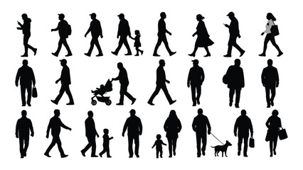 Diverse silhouettes of people walking isolated on transparent background, Vector