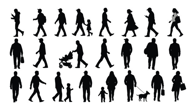 Diverse silhouettes of people walking isolated on transparent background, Vector