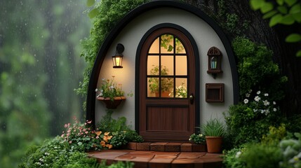 Cozy small house surrounded by lush greenery in a peaceful garden setting