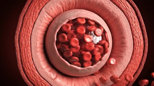 A 3D animation of a blood clot forming in a leg vein (Deep Vein Thrombosis)