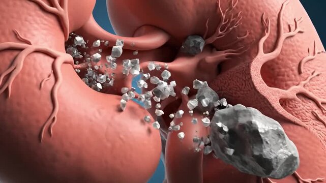 A 3D animation showing the formation and passage of a kidney stone