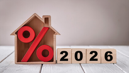 House Shaped Frame with Red Percent Symbol and 2026 Blocks Representing Mortgage Rates and Real Estate Trends