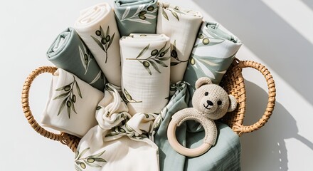 Baby essentials gift basket with blankets, clothing, and a teddy bear toy.