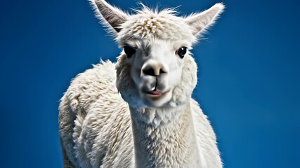 A playful alpaca sticking out its tongue in a cheeky gesture, standing tall against a brilliant blue sky, perfectly capturing the humorous concept of poking fun at seriousness.