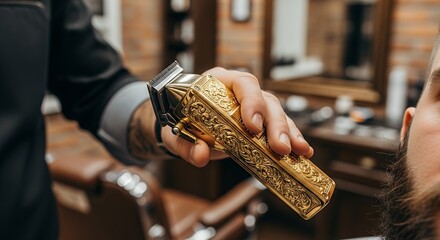 Barber using a golden electric shaver to trim a clients beard in a barbershop.