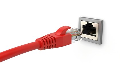 Red Ethernet Cable Plugging Into Wall Port for Internet Connection Solutions