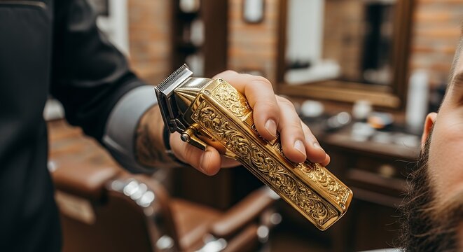 Barber using a golden electric shaver to trim a clients beard in a barbershop.