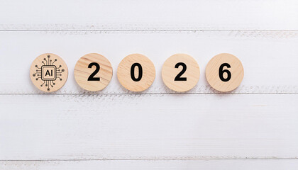 Artificial Intelligence AI Microchip Icon with Wooden Round Blocks Showing 2026