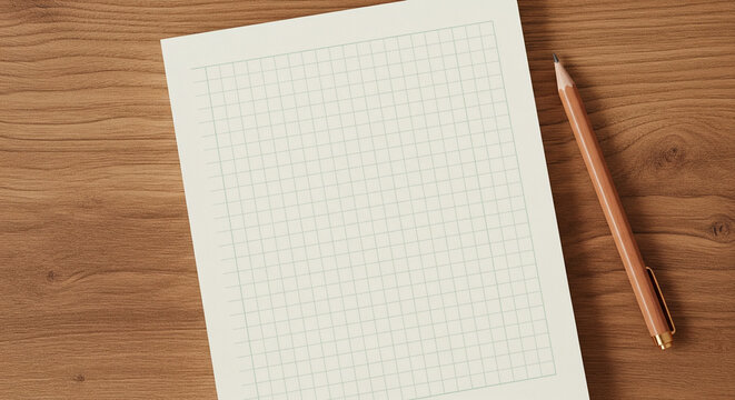 Blank Grid Notebook Page and Pencil on Rustic Wooden Desk
A clean, minimalist composition featuring a blank sheet of beige grid paper (graph paper) resting on a warm - Powered by Adobe