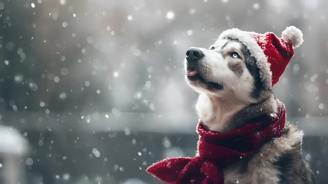 A husky dog wearing a festive red scarf and a Santa hat, set against a snowy backdrop. The dogs fur is a mix of black and white.