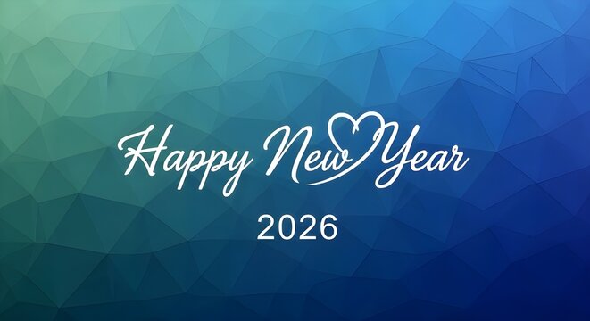 Elegant white script text happy new year 2026 with a heart symbol on a vibrant blue and green gradient abstract background - Powered by Adobe