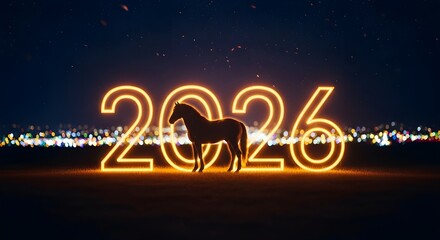 Silhouette of a majestic horse standing in front of glowing neon numbers 2026 against a starry night sky