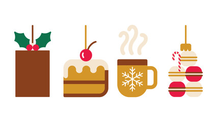 Festive Treats: A delightful arrangement of Christmas treats, featuring a cake with cherry on top, coffee mug and Christmas decorations.