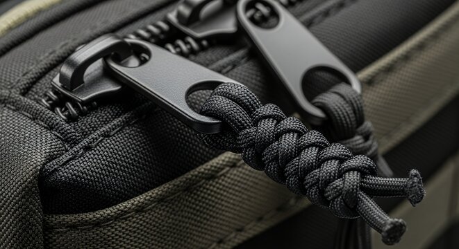 Close-up of a black zipper with a braided paracord puller on a tactical backpack.