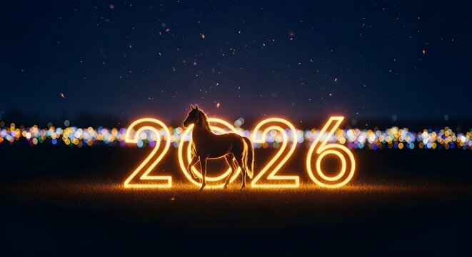Glowing neon numbers 2026 illuminated against a dark starry night sky with a silhouette of a horse