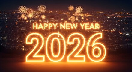 Bright neon orange 2026 text with fireworks display over cityscape celebrating new year s eve