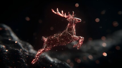 Sparkling reindeer made of particles running through winter landscape 