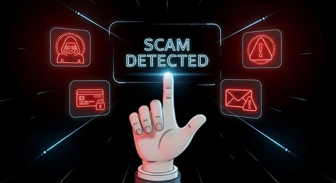 Scam Detected Cyber Security Concept with Hand Illustration and Neon Icons