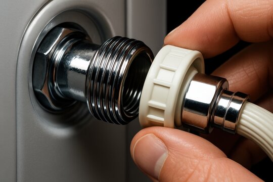 Attaching a water inlet hose to a threaded metal fitting during home appliance installation