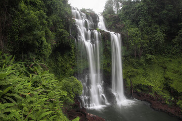 Tad Gneuang Waterfall, dropping from a high cliff with lush vegetation in Laos, Paksong District, Champasak Province, Laos.