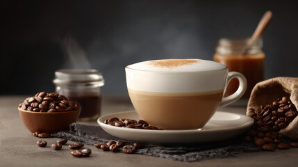 Cream cappuccino cup with frothy milk and cinnamon dusting on saucer surrounded by coffee beans, burlap sack, jar of syrup and steaming espresso in moody warm light