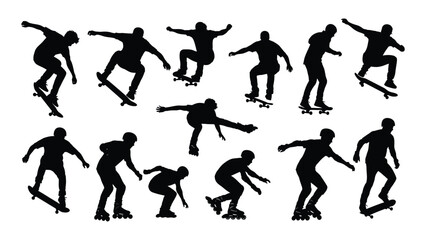 Skateboarding and rollerblading silhouettes isolated on transparent background, Vector