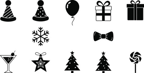 Holiday celebration icons, party hats, balloons, gift boxes, snowflake, bow tie, cocktail glass, Christmas tree, star ornament, festive lollipop design