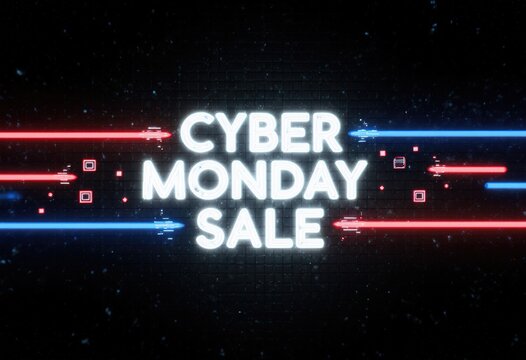 Cyber monday sale neon lights with digital grid background