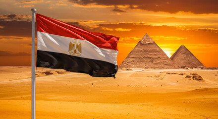 Egyptian Flag Waving Before the Pyramids at Sunset