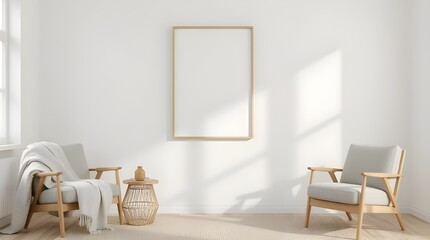 minimalist living room interior, geometric art frame mockup, natural wood furniture, soft neutral tones, cozy textiles, serene lighting, modern home decor