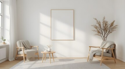 minimalist living room interior, geometric art frame mockup, natural wood furniture, soft neutral tones, cozy textiles, serene lighting, modern home decor