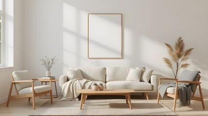 minimalist living room interior, geometric art frame mockup, natural wood furniture, soft neutral tones, cozy textiles, serene lighting, modern home decor