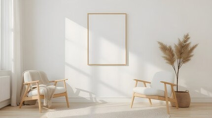 minimalist living room interior, geometric art frame mockup, natural wood furniture, soft neutral tones, cozy textiles, serene lighting, modern home decor