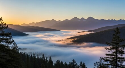 Breathtaking Mountain Landscape with Golden Sunrise Beaming Over Foggy Forest Valley