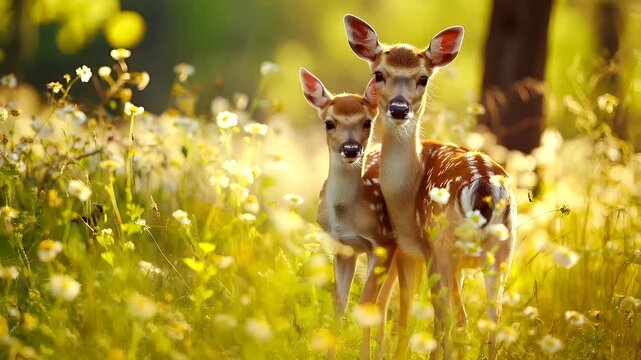 A closeup of two young deer in a field of flowers. The deer are facing the camera, with their ears perked up, and their eyes focused intently forward.