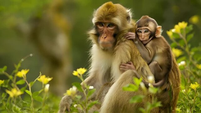 A closeup of a mother monkey and her baby in a natural setting. The mother monkey is holding her baby close to her chest, and both are surrounded by lush greenery.