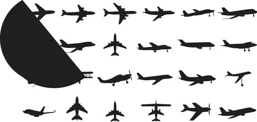 Aircraft silhouettes, airplane icons, aviation design, military jets, commercial planes, aircraft comparison, flight shapes, aviation grid, aircraft diversity, black background