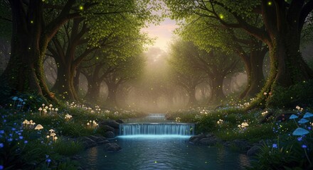 Enchanted Forest Waterfall with Glowing Mushrooms and Mystical Light