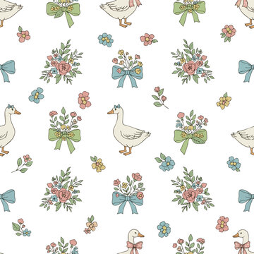 : Isolated a Cute floral seamless pattern with bows, flowers and goose. Preppy spring summer print. Cottagecore aesthetic. Cozy modern Vintage damask design for fabric, wallpaper Vector art.