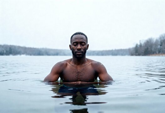 Black man meditating in a cold winter lake. Athlete practicing ice bath cold therapy for wellness and resilience. Mental health concept with copy space