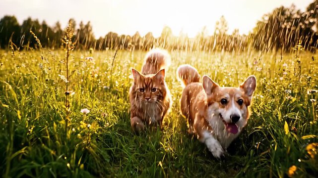 Two dogs and multiple cats frolic together in a lush green field, their fur glistening in the sunlight as they capture the concept of unlikely friendships, showcasing companionship, trust.