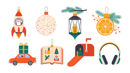 Festive Holiday Ornaments: A vibrant collection of Christmas ornaments, each embodying the spirit of the season, from a whimsical rocket and orange slice to a charming car, book, and mailbox.