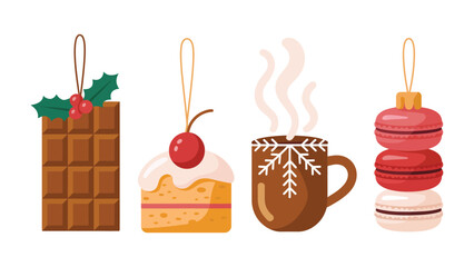 Festive Treats: An array of delightful ornament illustrations showcase the charm of the holiday season, with a chocolate bar, a cake slice, a mug of hot beverage, and some macarons.