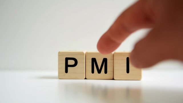 Minimalist photo of wooden blocks spelling &ldquo;PMI&rdquo; on a bright white table, symbolizing private mortgage insurance, savings, healthcare investment, and modern financial security in a clean soft-tone set