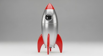 Shiny silver rocket with red fins ready for a space mission