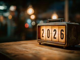 Vintage flip clock showing the year 2026 on a wooden table with warm bokeh lights, symbolizing new beginnings, future plans, goals, and the passage of time