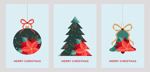 2026 Merry Christmas card set featuring a festive tree, poinsettias, bell, holly, ribbons, and bows on a snowy blue background with “Merry Christmas” text—ideal for posters, covers, or invites.Vector