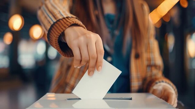 Video A woman inserts her voting card into a voting box, making her choice in an election
